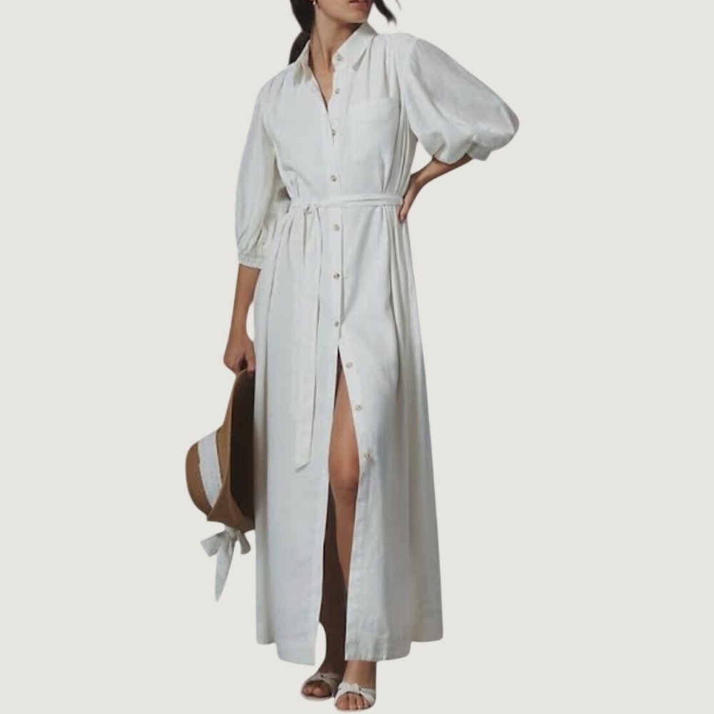 Maeve Anthropologie White Linen Maxi Shirt Dress Puff Sleeve Belted XS